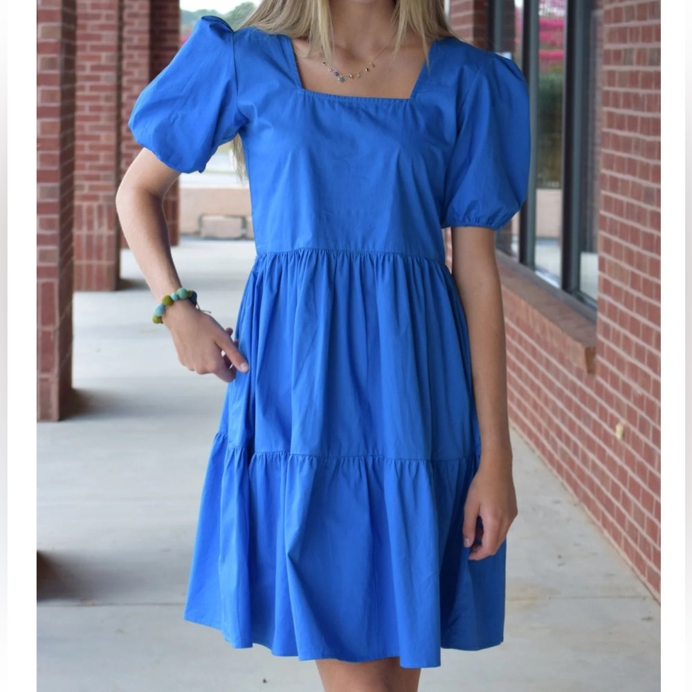 NWOT Maude Vivante Aria midi Royal blue L puff sleeve tiered 100% cotton dress - Picture 15 of 15